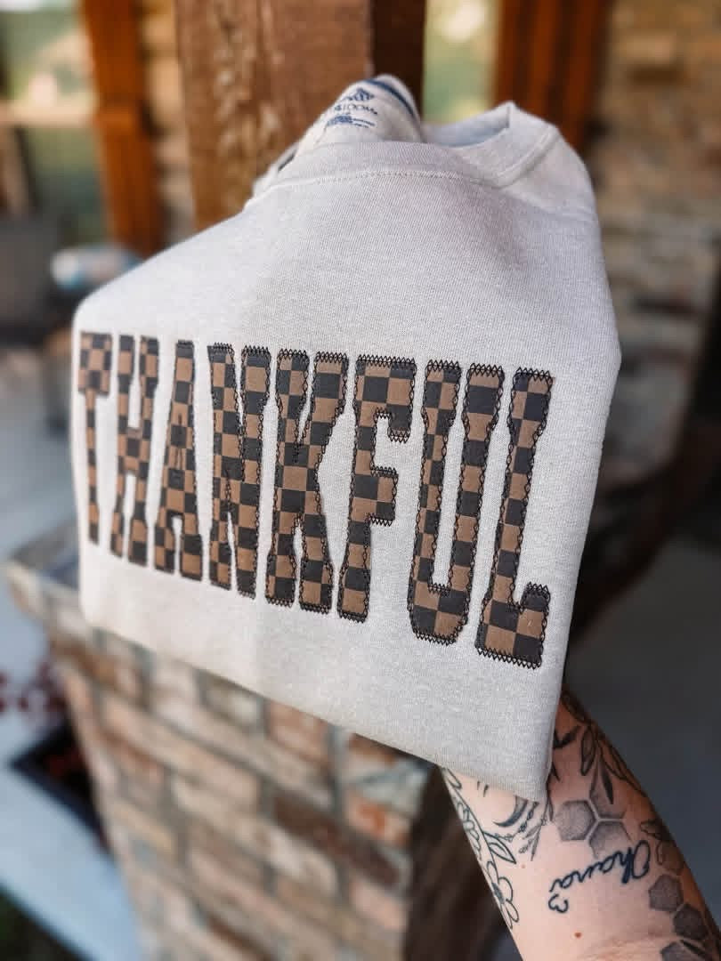 Checkered Thankful Embroidered Crewneck- Closes 10/18!