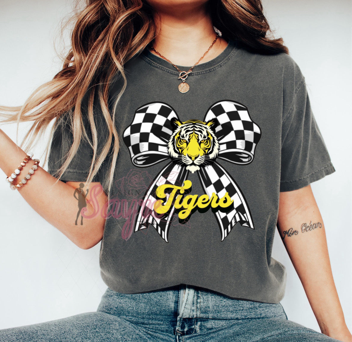 Yellow Tigers Checkered Bow Shirt/Long Sleeve/Crewneck/Hoodie