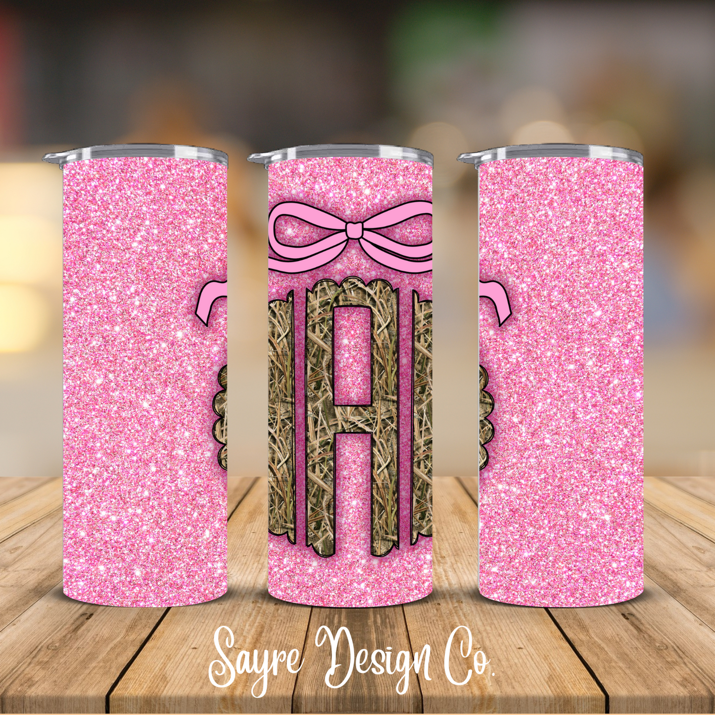Custom Pink Glitter Shadow Blind Monogram 20oz Steel Tumbler