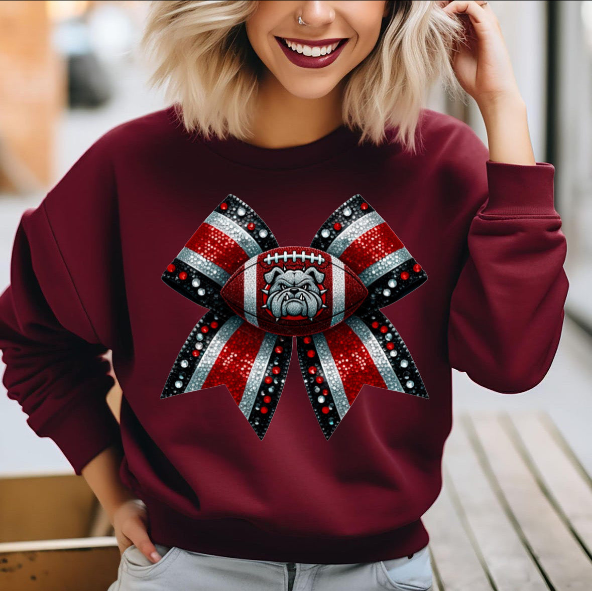 Bedazzled Bow Bulldog-Red Shirt/Long Sleeve/Crewneck/Hoodie