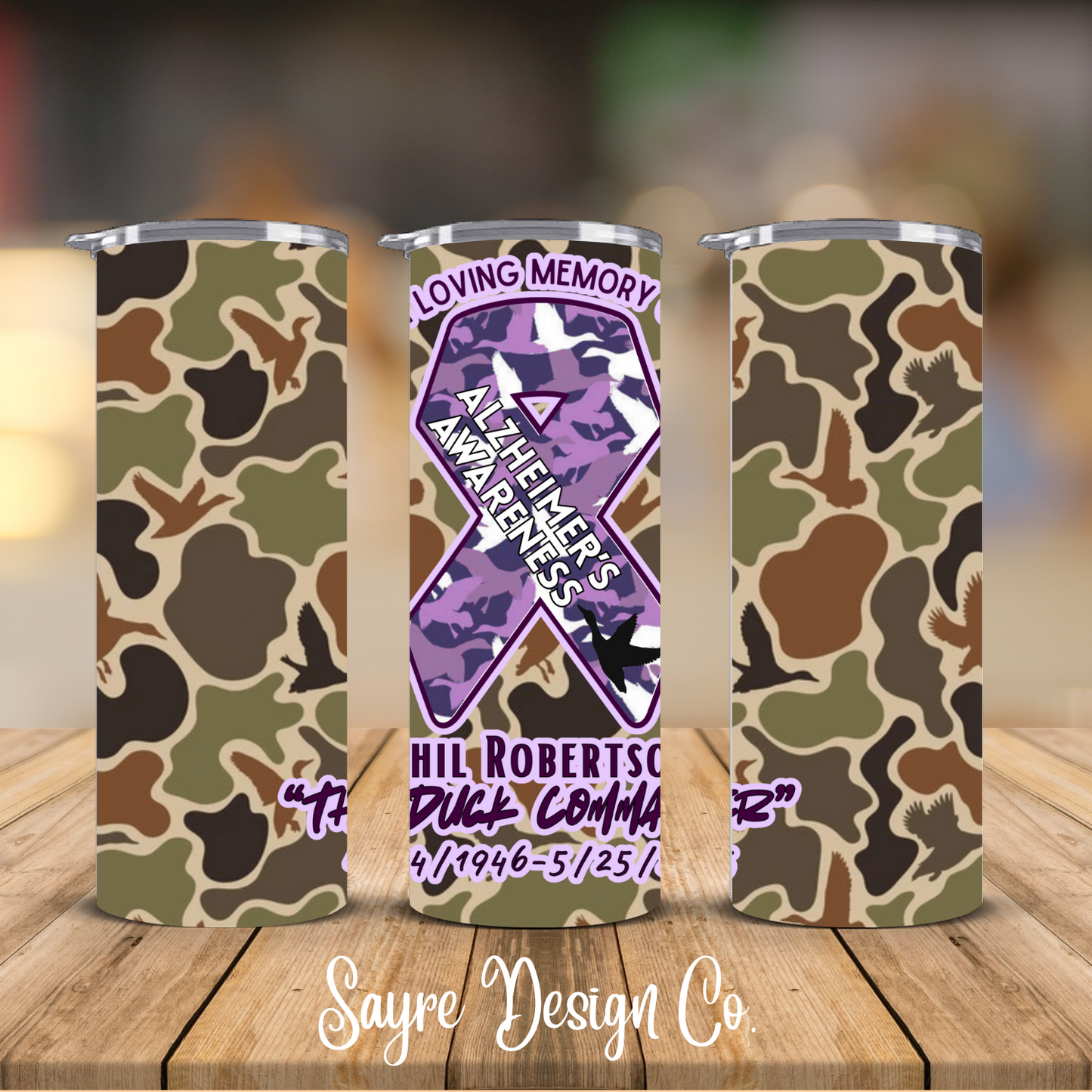 Duck Camo Phil Robertson Alzheimer’s Awareness Ribbon 20oz Steel Tumbler