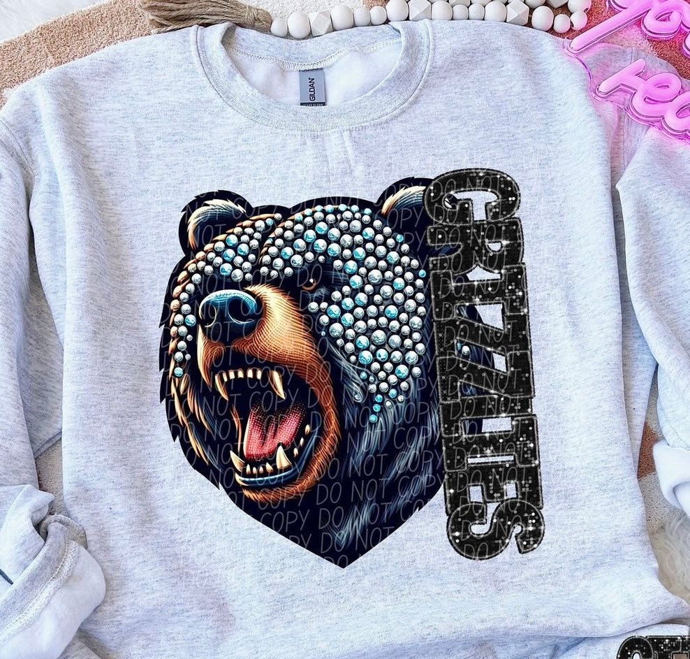 Bedazzled Bear Grizzlies-Gray Shirt/Long Sleeve/Crewneck/Hoodie