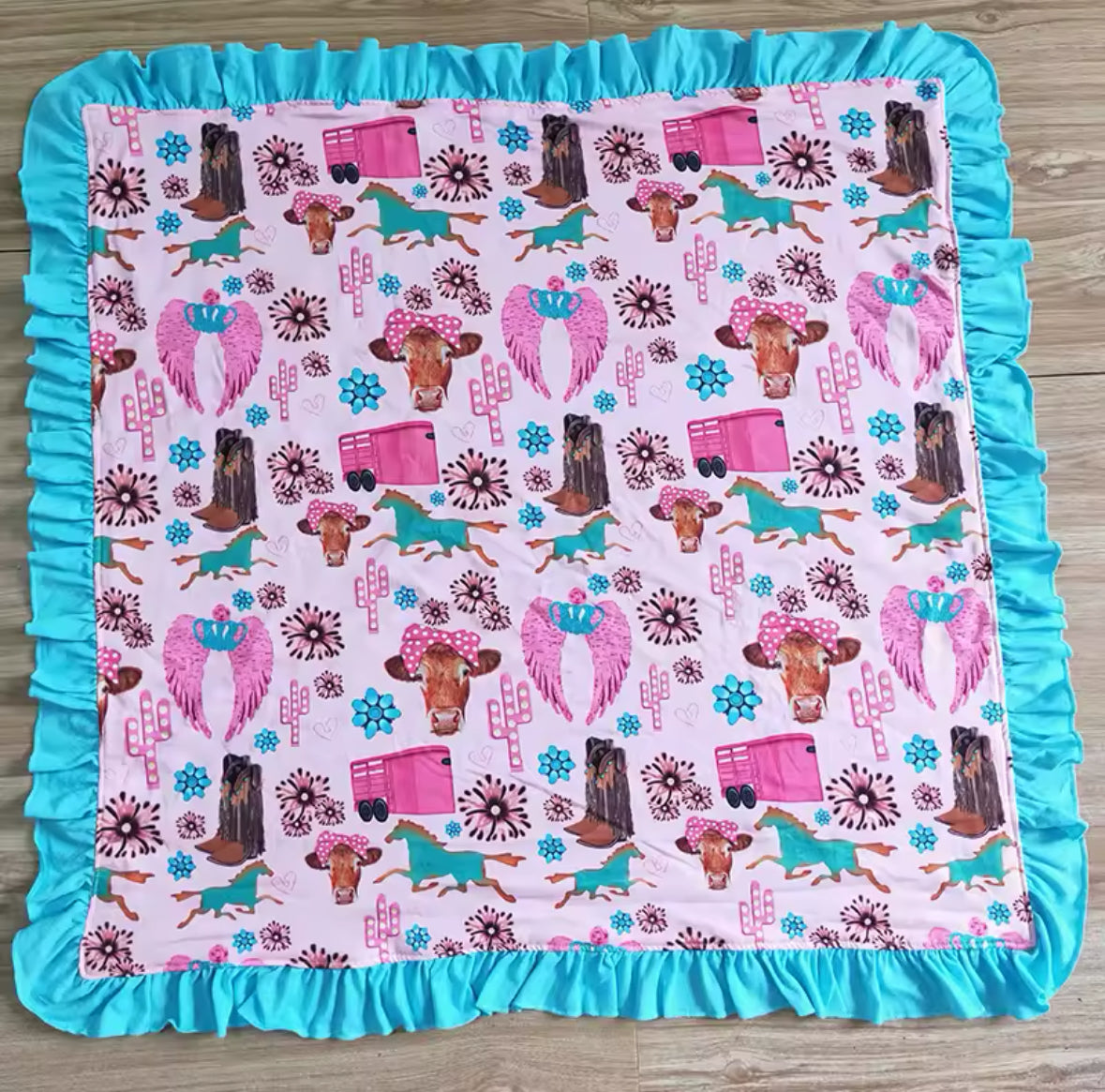 Pink & Blue Western Ruffled Minky-Back Blanket 29x43”