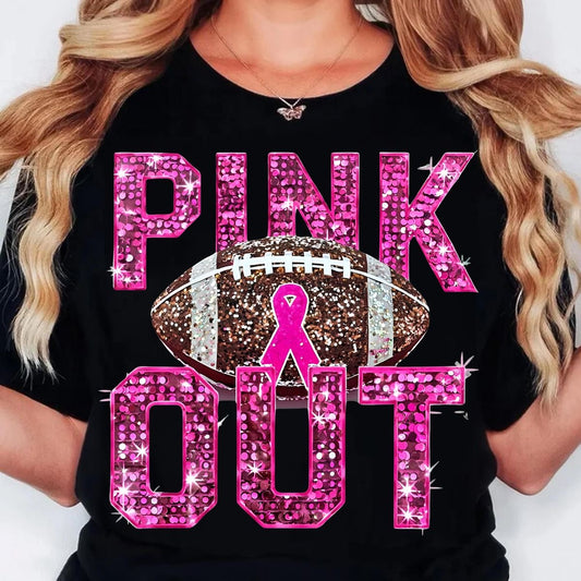 Faux Sequin Pink Out Football GLITTER DTF Pink Out Retro Shirt/Long Sleeve/Crewneck
