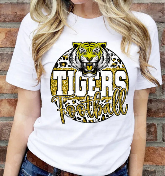 Yellow Faux Glitter Tigers Football Shirt/Long Sleeve/Crewneck/Hoodie