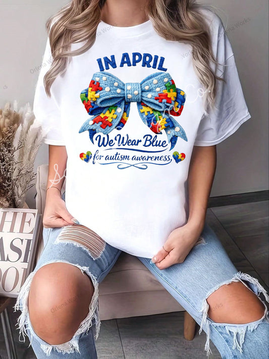 In April We Wear Blue Autism Crochet Bow Onesie/Shirt/Long Sleeve/Crewneck/Hoodie