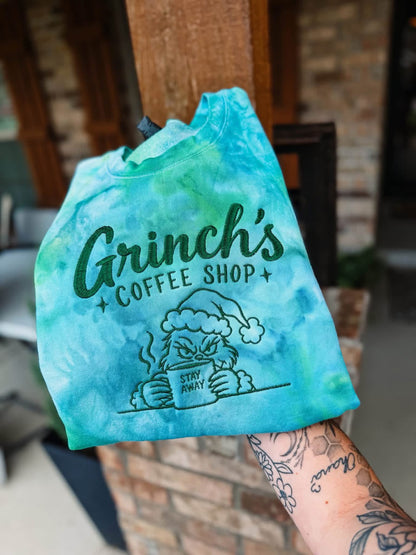 Hand Dyed Tie-Dye Stay Away Coffee Shop Embroidered Crewneck- Closes 10/18!