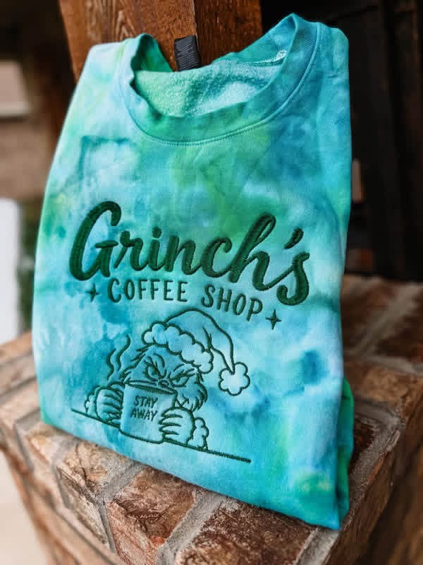 Hand Dyed Tie-Dye Stay Away Coffee Shop Embroidered Crewneck- Closes 10/18!