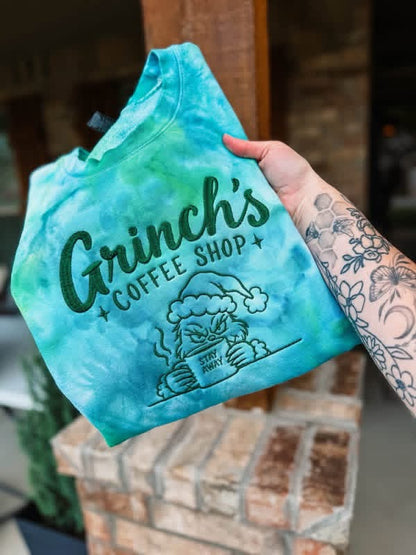Hand Dyed Tie-Dye Stay Away Coffee Shop Embroidered Crewneck- Closes 10/18!