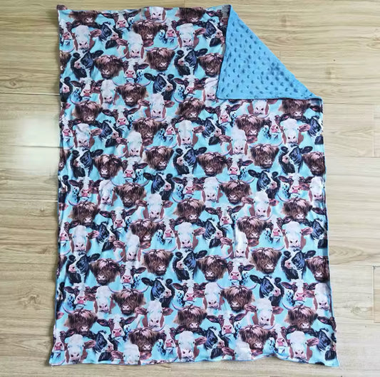 Blue & Cows Minky-Back Blanket 29x43”