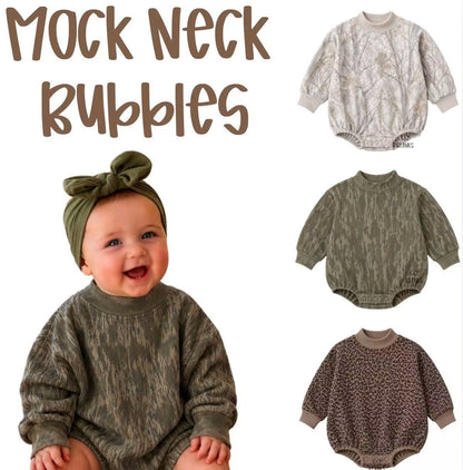 Custom Text Mock Neck Bubble Camo/Leopard Rompers