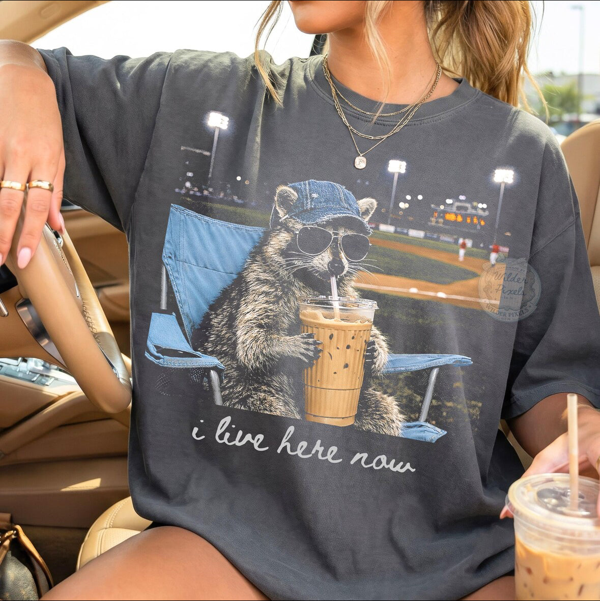 Raccoon Baseball Iced Coffee I Live Here Now Shirt/Long Sleeve/Crewneck/Hoodie