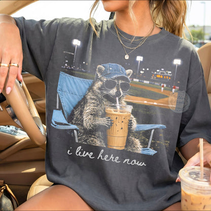 Raccoon Baseball Iced Coffee I Live Here Now Shirt/Long Sleeve/Crewneck/Hoodie
