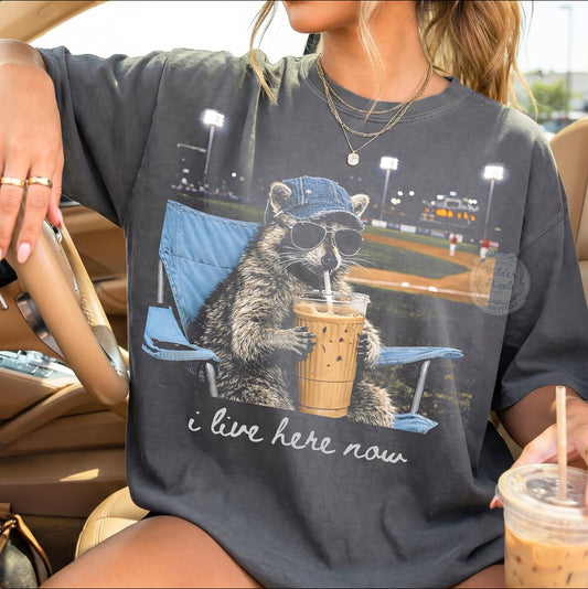 Raccoon Baseball Iced Coffee I Live Here Now Shirt/Long Sleeve/Crewneck/Hoodie