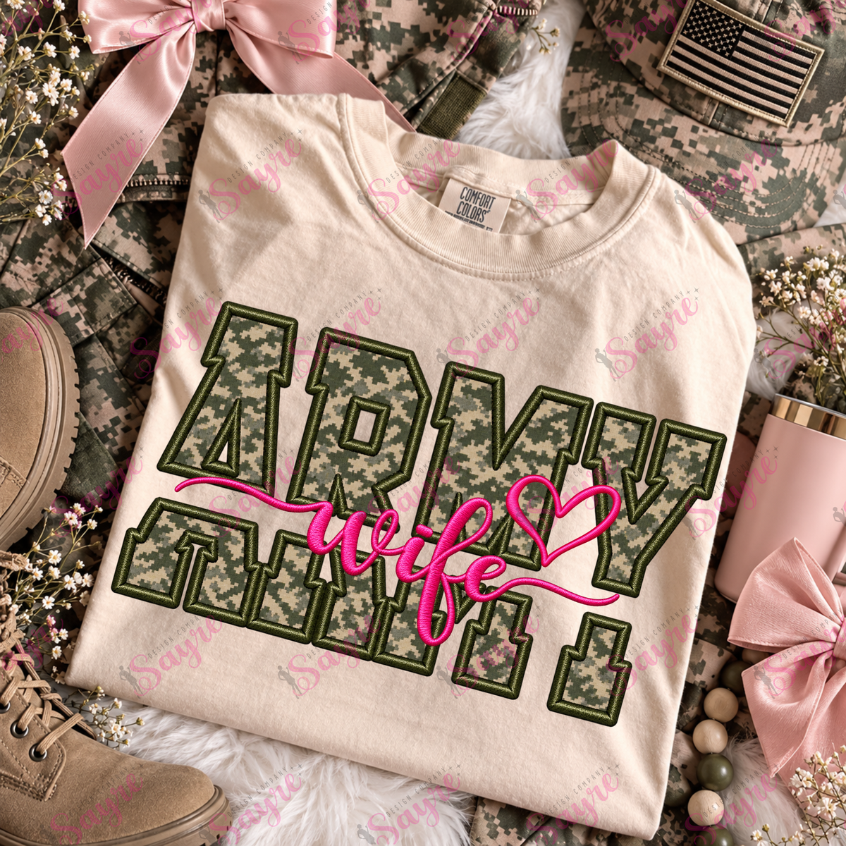 Faux Embroidery ARMY Wife Pink- PNG