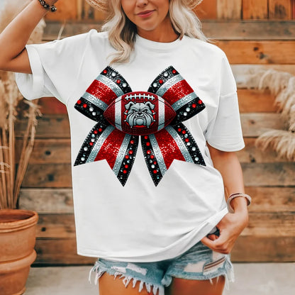 Bedazzled Bow Bulldog-Red Shirt/Long Sleeve/Crewneck/Hoodie