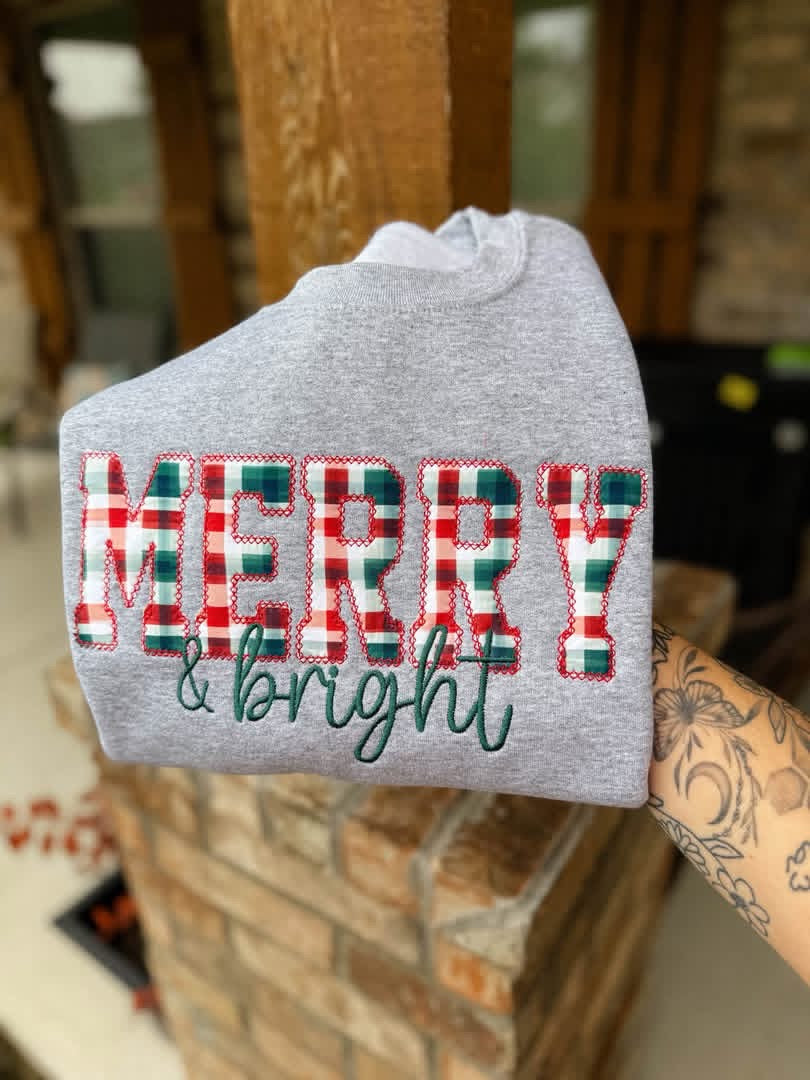 Christmas Plaid Merry & Bright Embroidered Crewneck- Closes 10/18!