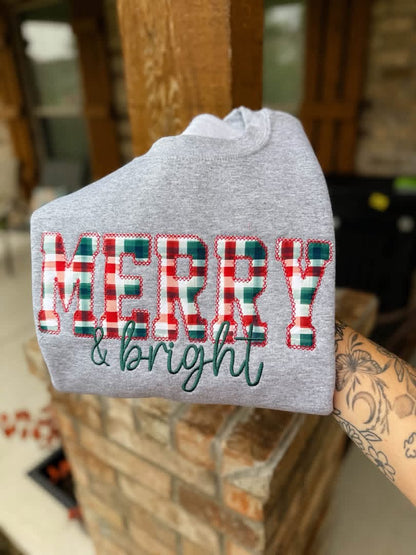 Christmas Plaid Merry & Bright Embroidered Crewneck- Closes 10/18!