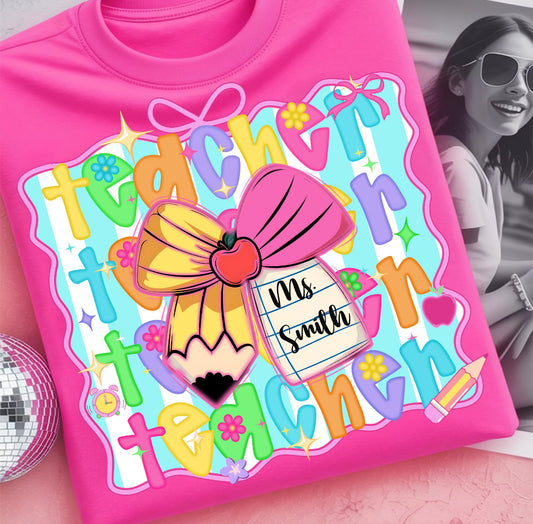 Customizable Teacher Neon Bow Tee/Sweatshirt