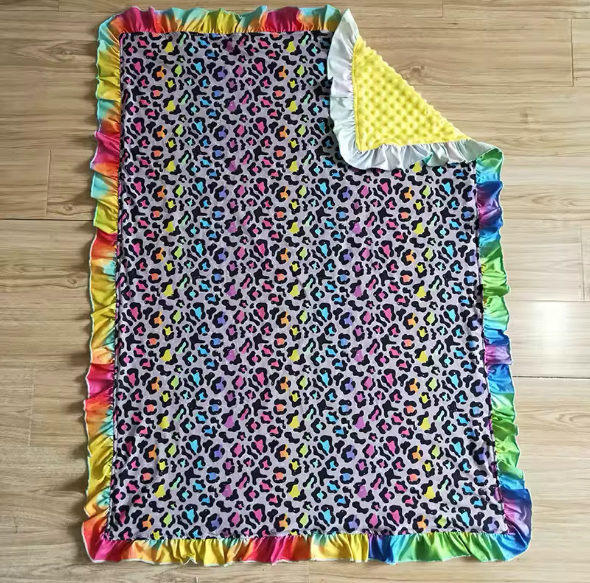 Leopard Rainbow Ruffled Minky-Back Blanket 29x43”