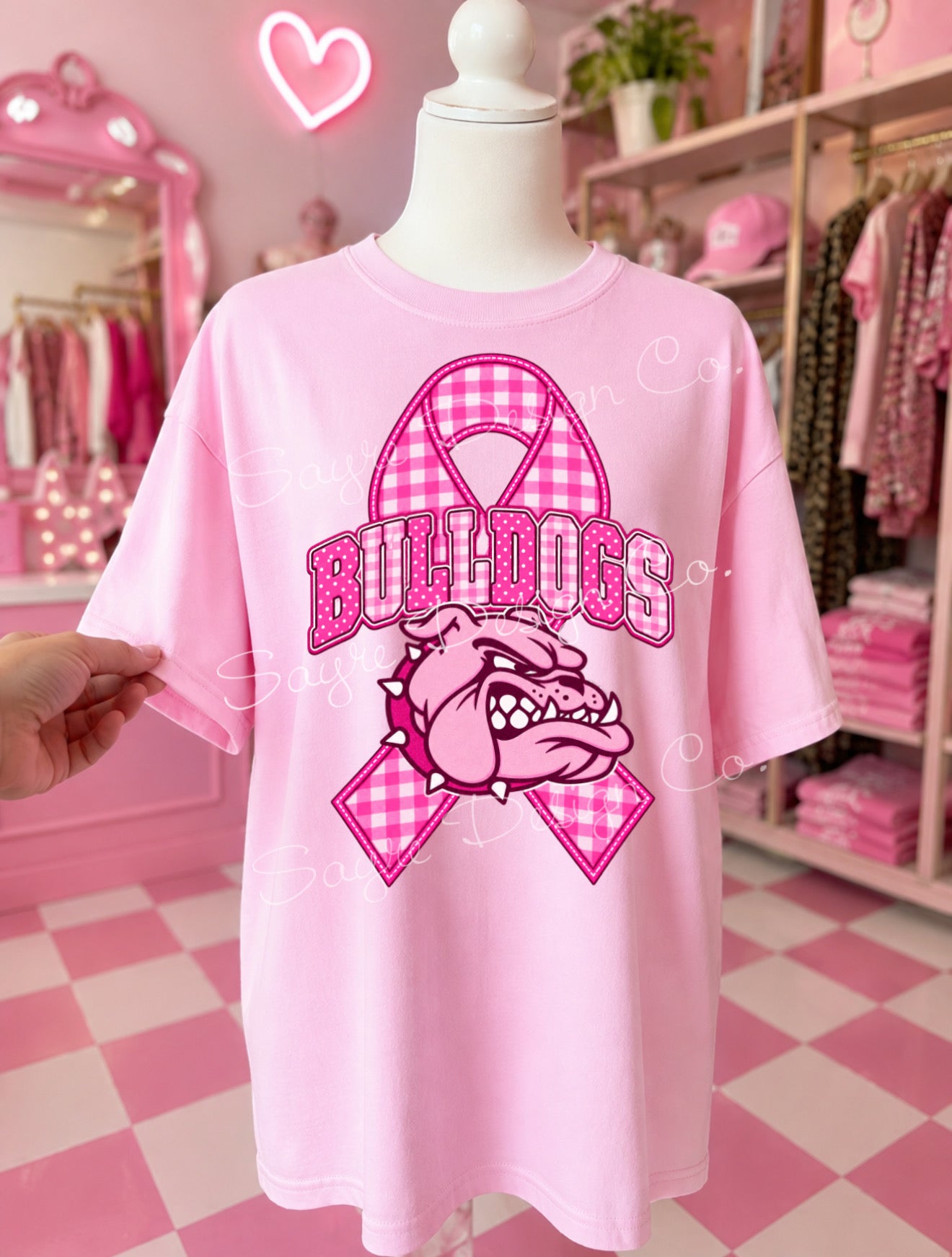 Customizable Gingham Ribbon Mascot Pink Out Tee/Crewneck Sweatshirt