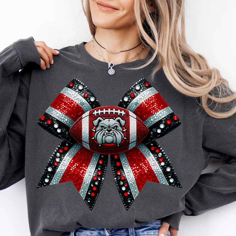 Bedazzled Bow Bulldog-Red Shirt/Long Sleeve/Crewneck/Hoodie