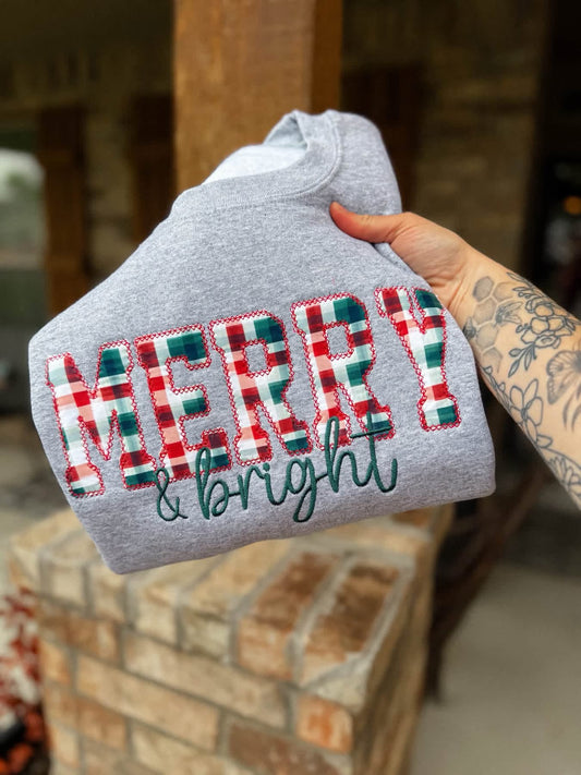 Christmas Plaid Merry & Bright Embroidered Crewneck- Closes 10/18!