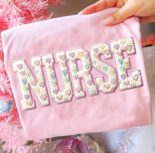 Faux Conversation Hearts Appliqué Checkered Nurse Valentines Shirt/Long Sleeve/Crewneck/Hoodie