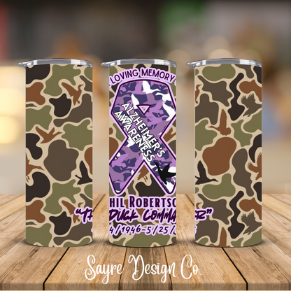 Duck Camo Phil Robertson Alzheimer’s Awareness Ribbon 20oz Steel Tumbler