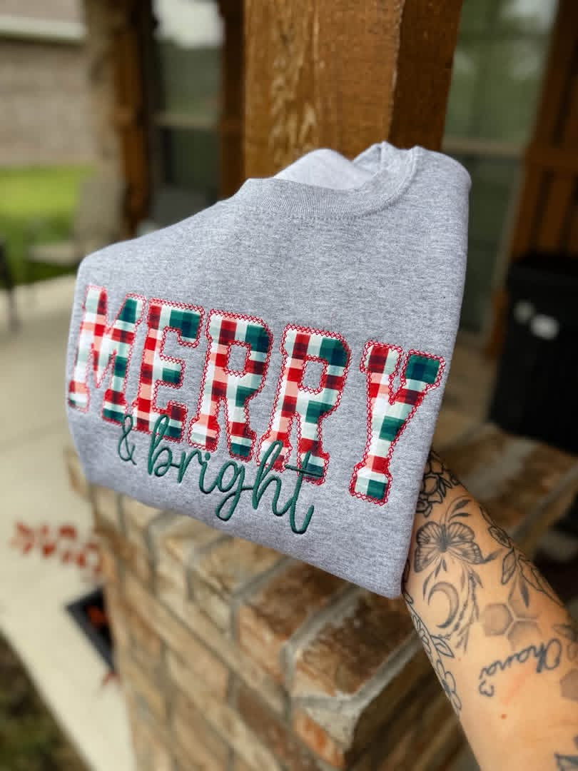 Christmas Plaid Merry & Bright Embroidered Crewneck- Closes 10/18!