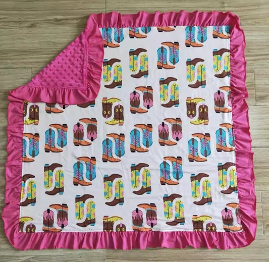 Hot Pink Ruffled Cowgirl Boots Minky-Back Blanket 29x43”