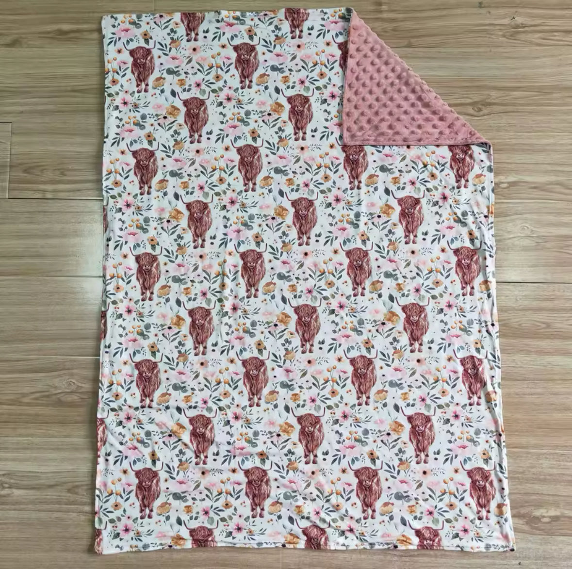 Highland Cow Floral Pink Minky-Back Blanket 29x43”