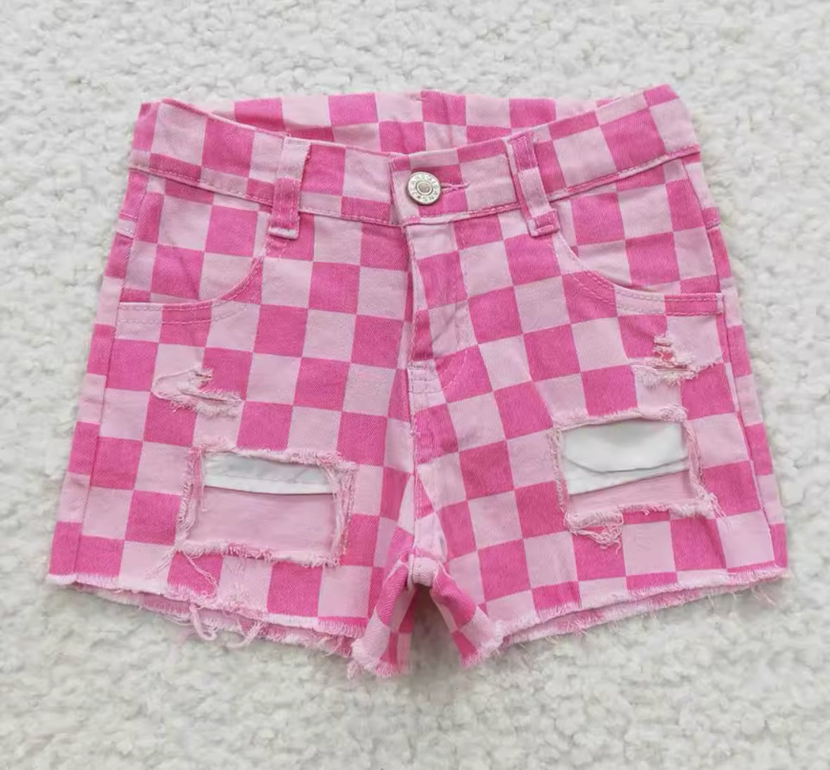 Pink Checkered Denim Shorts