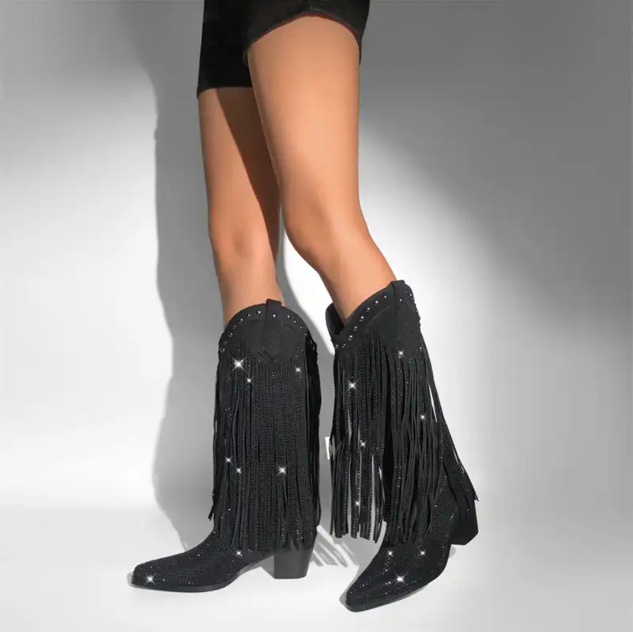 Womens Knee High Rhinestone Fringe Western Boots