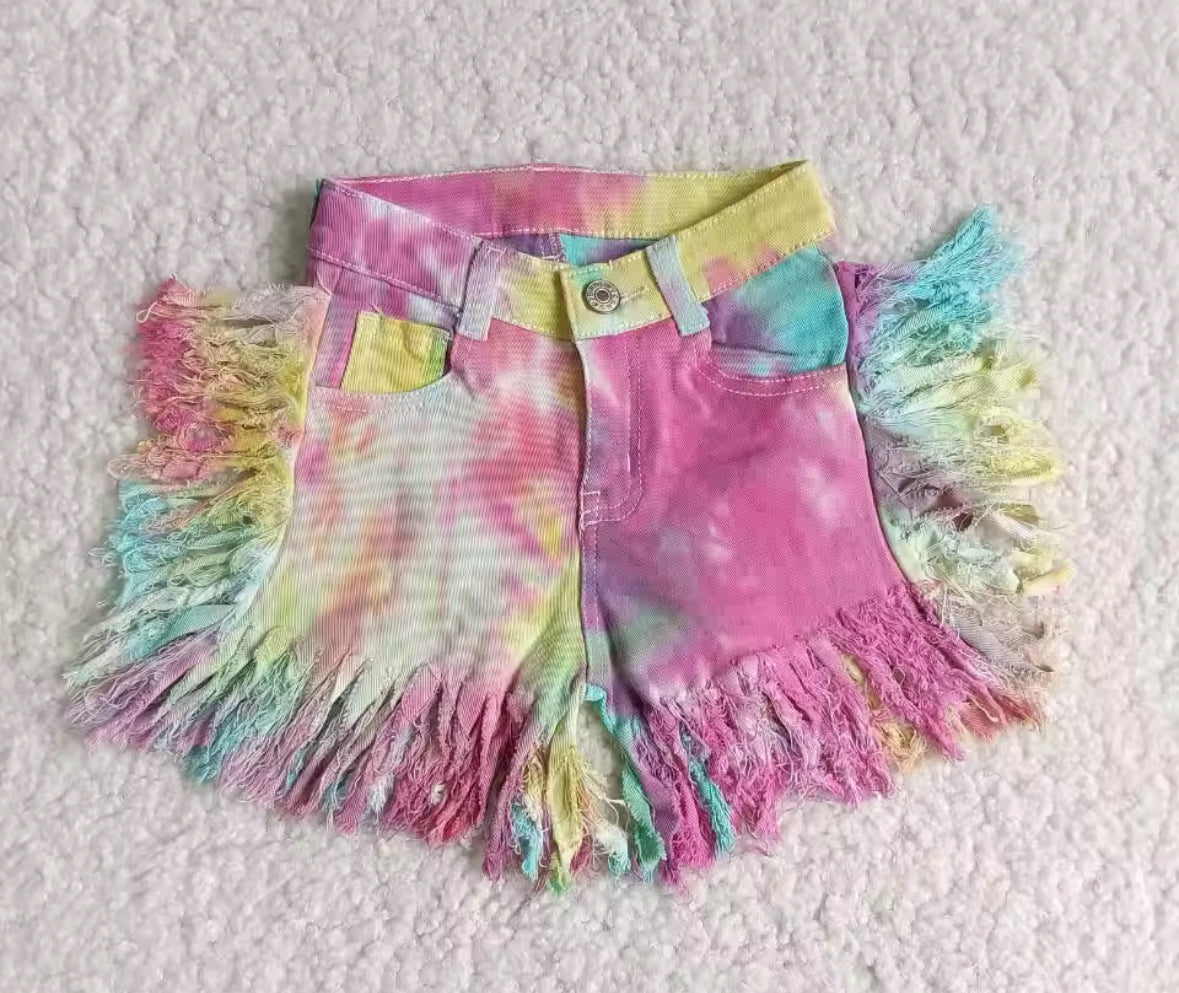 Distressed Tie-Dye Fringe Denim Shorts