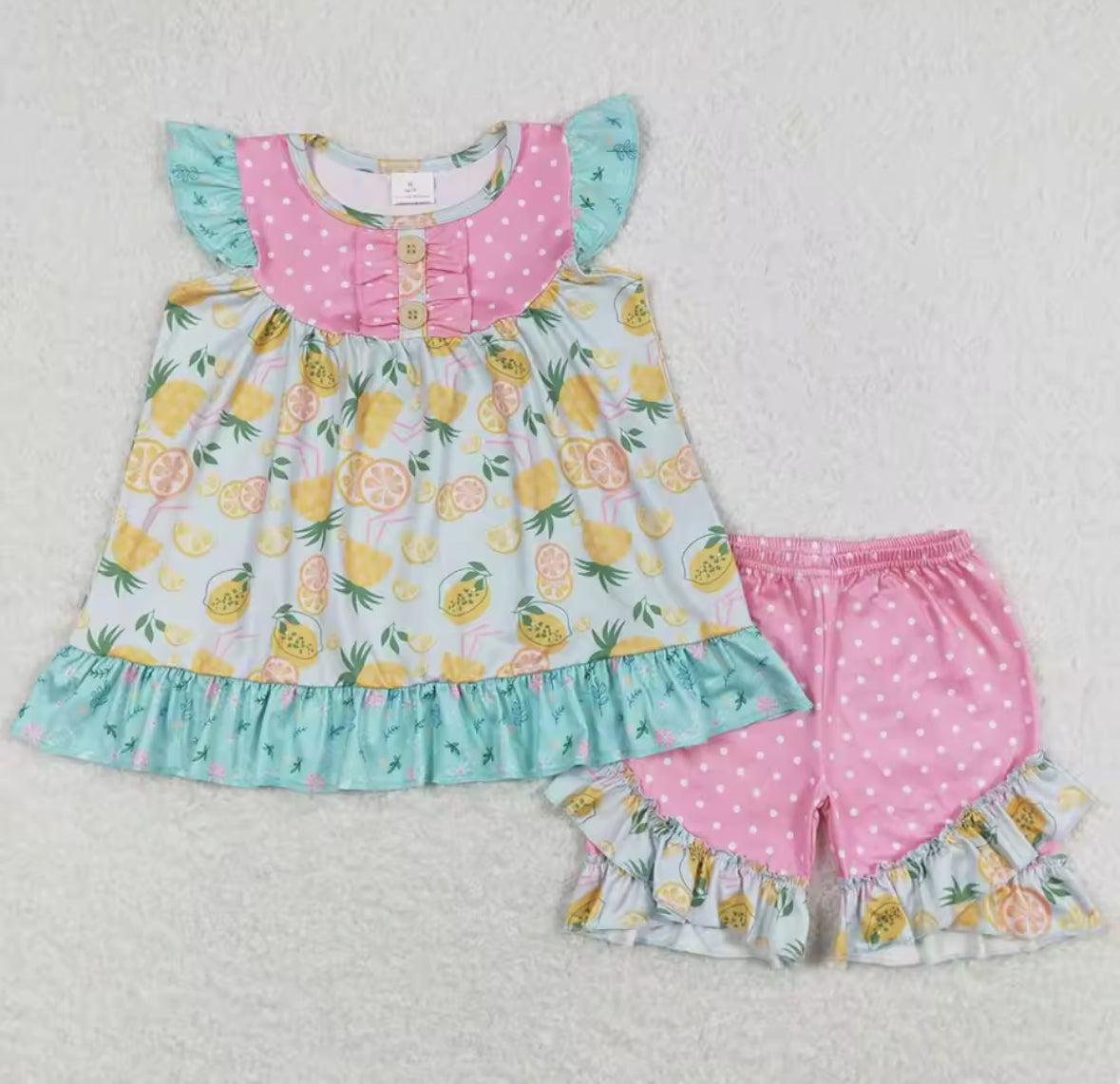 Pink Polkadot Collared Lemon Ruffle Short Set