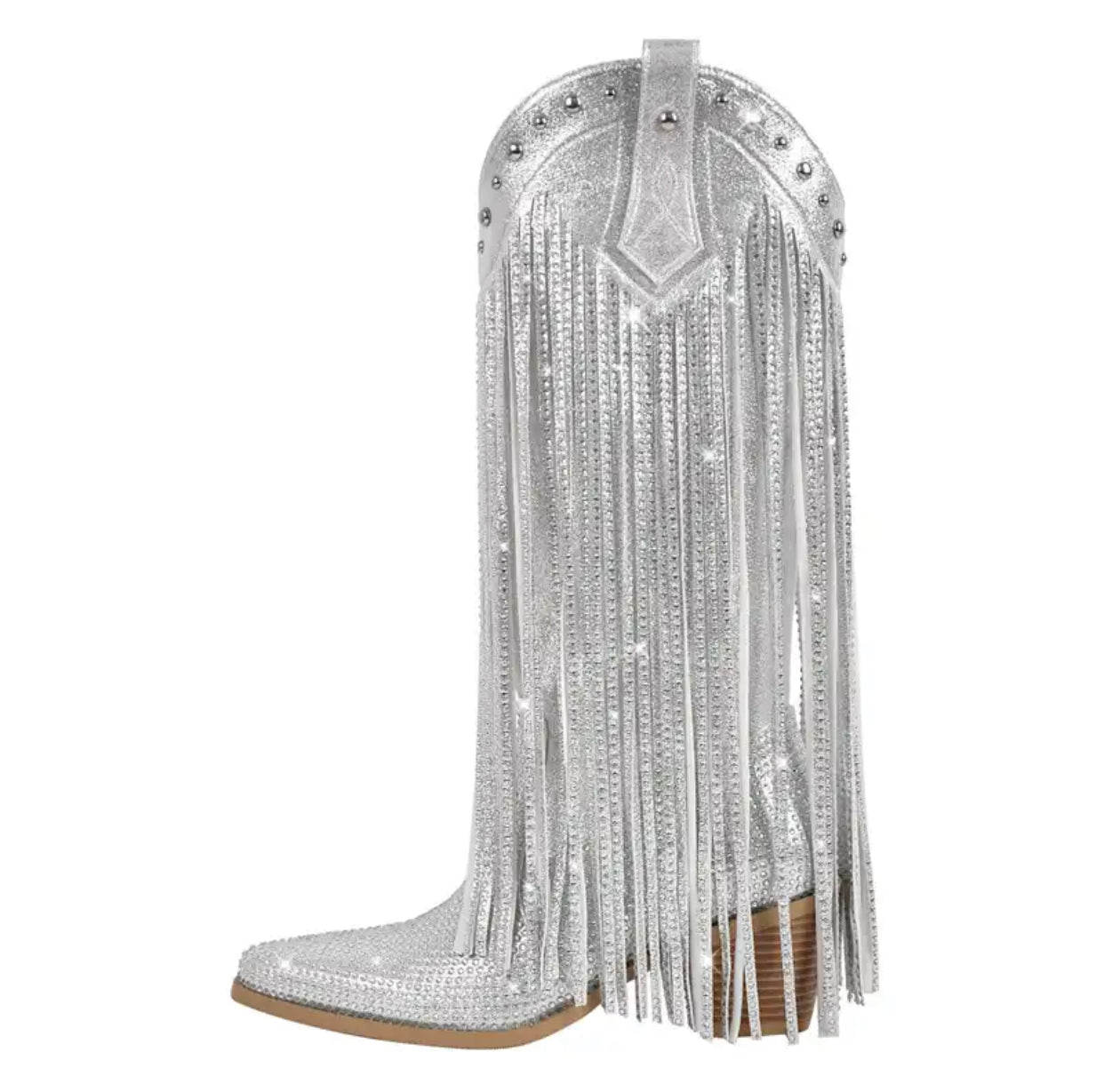 Womens Knee High Rhinestone Fringe Western Boots