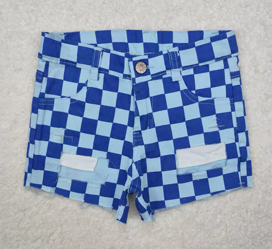 Blue Checkered Denim Shorts