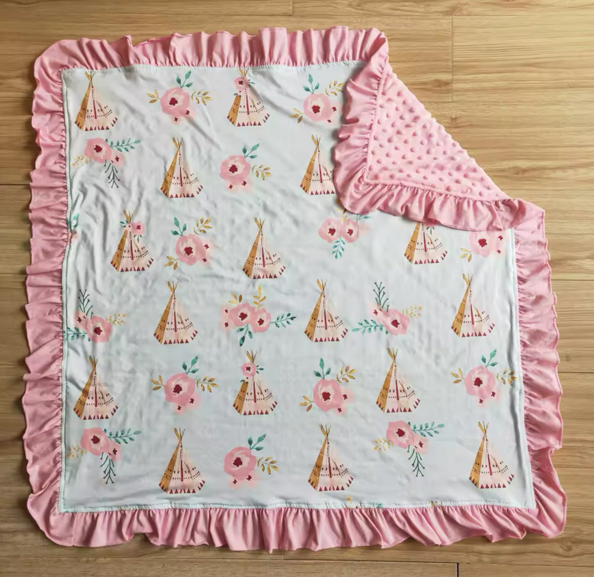 Pink Ruffled Teepee Minky-Back Blanket 29x43”