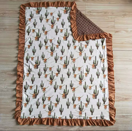 Cows & Cactus Ruffled Minky-Back Blanket 29x43”