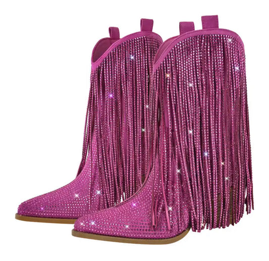 Womens Mid Calf Rhinestone Fringe Western Boots