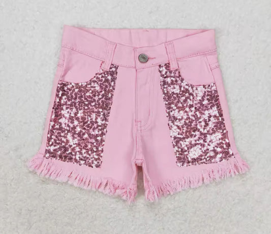 Bright Pink Sequin Denim Shorts