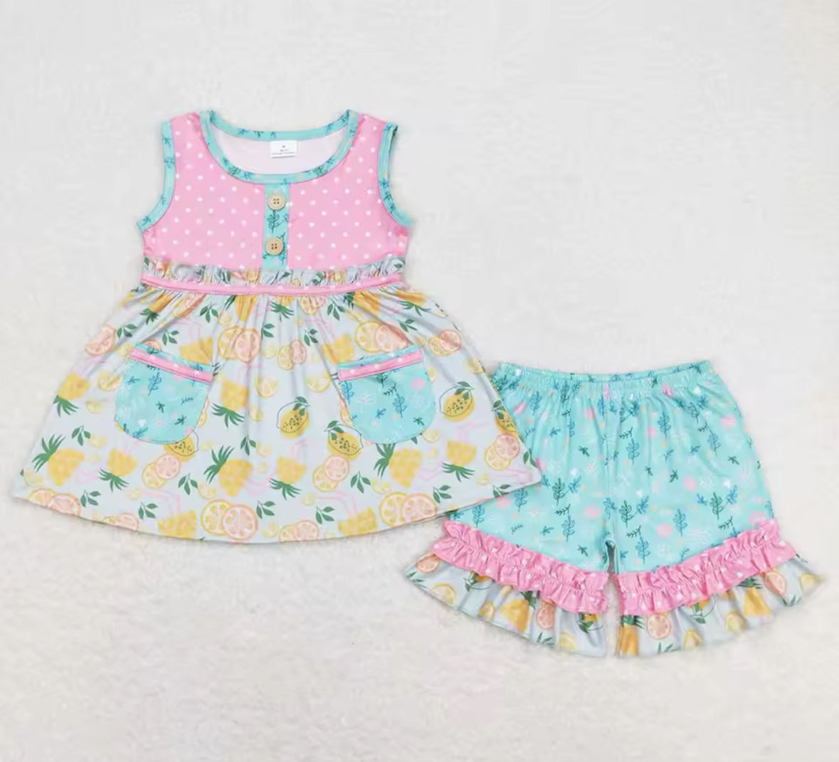 Pink Polkadot Lemon Ruffle Short Set