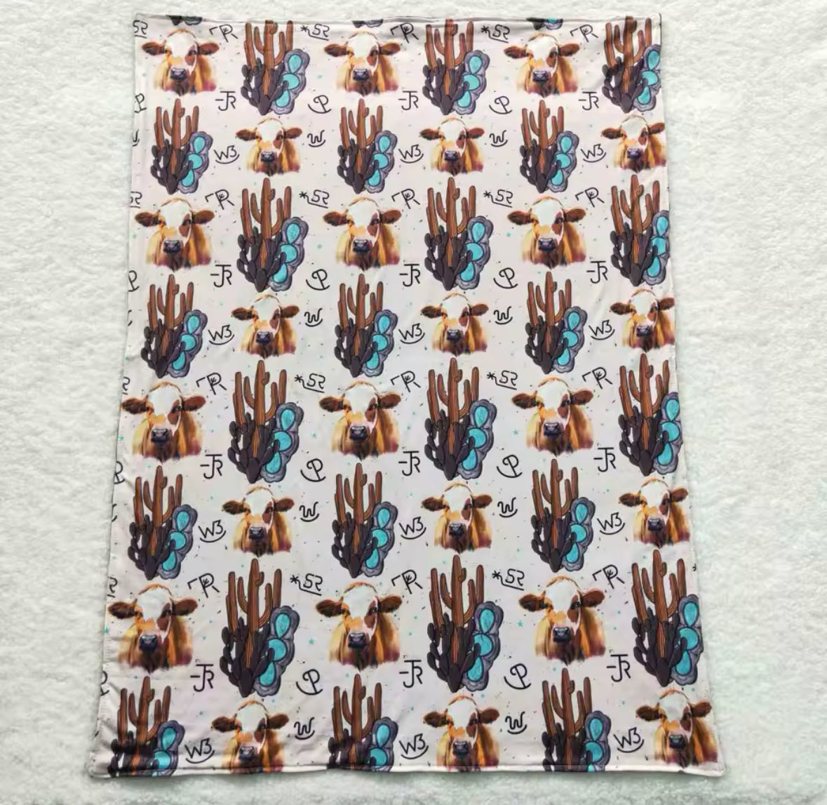 Cows, Turquoise & Cactus Minky-Back Blanket 29x43”