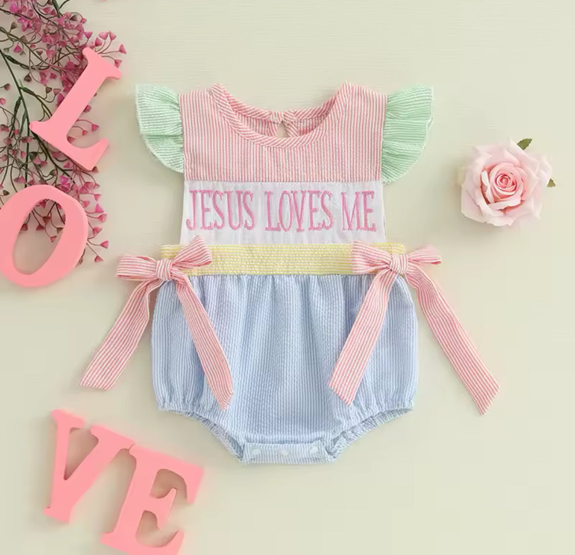 Jesus Loves Me Striped Romper