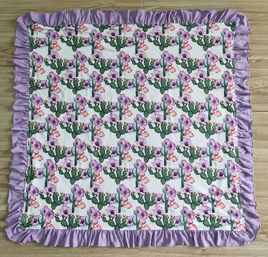 Purple Cactus Flowers Ruffled Minky-Back Blanket 29x43”