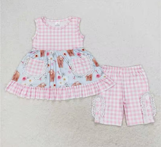 Highland Cow Pink Gingham Short Set