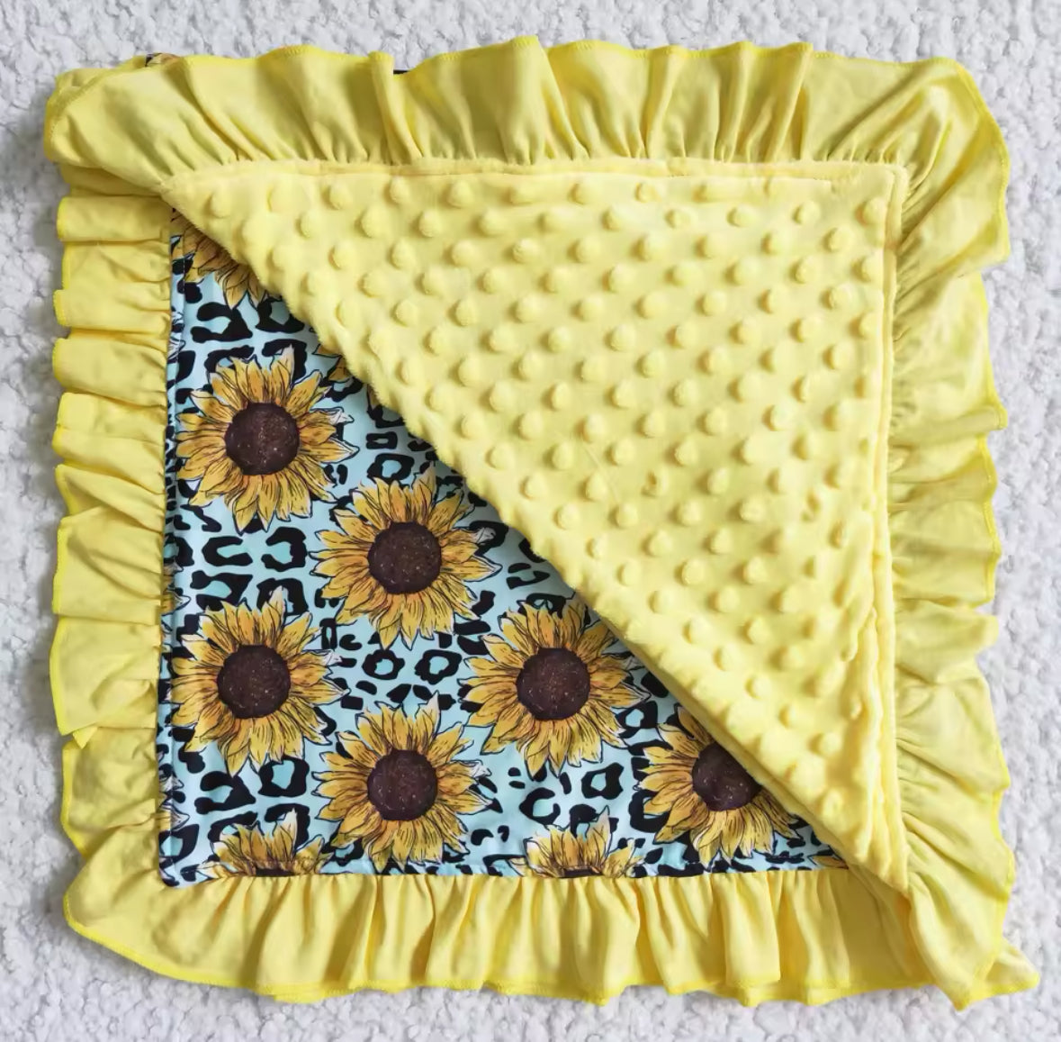 Sunflower Leopard Ruffled Minky-Back Blanket 29x43”