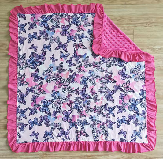 Hot Pink Butterflies Ruffled Minky-Back Blanket 29x43”