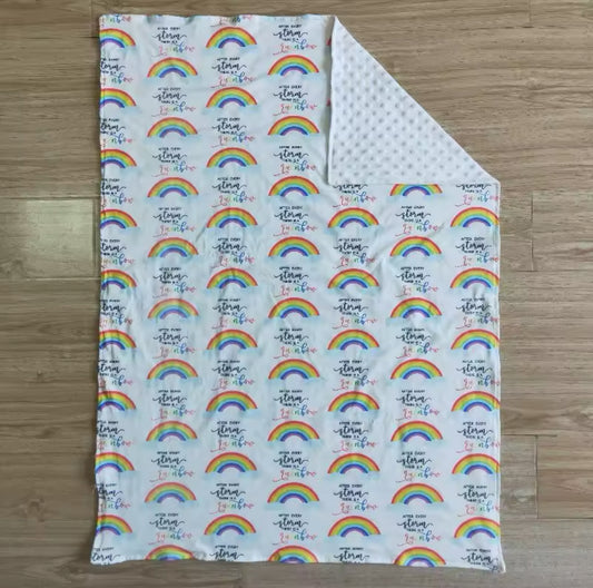 “After Every Storm Comes a Rainbow.” Minky-Back Blanket 29x43”